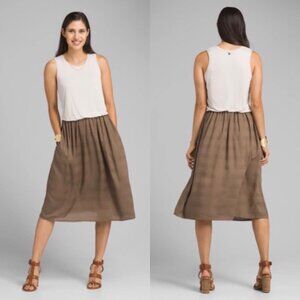 PrAna Brown White Sleeveless Blouson Striped Perry Midi Dress Size Medium